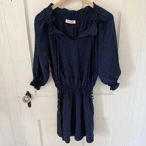 Amour Vert Navy Blue Silk 3/4 Sleeve Ruched Mini Dress Size Small S
